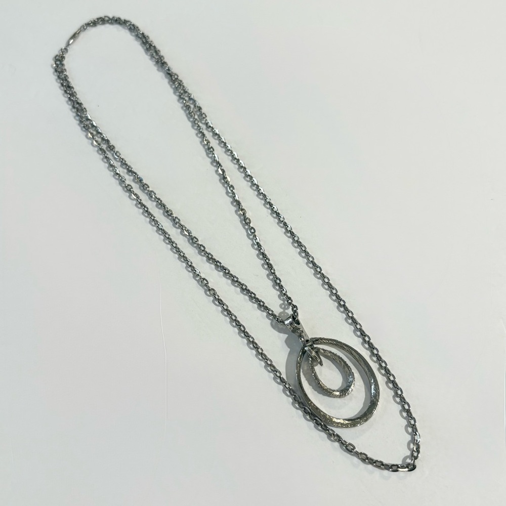 Hammered Silver Tone Double Oval Pendant Long Double Chain Necklace